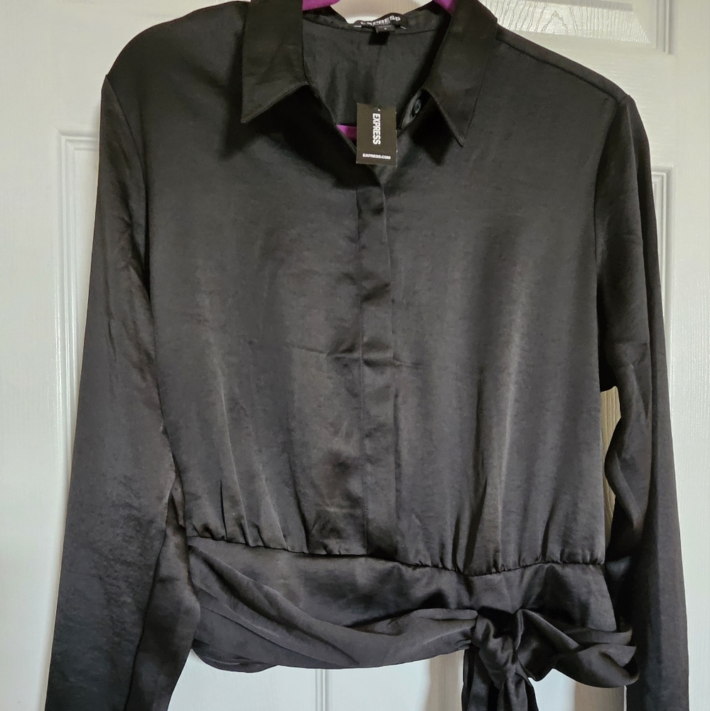 Express Faux Tie Waist Blouse Size Large Color Black